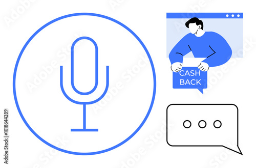 Large microphone circle, person holding cash back sign, and chat bubble with three dots. Ideal for communication, customer service, online shopping, voice recognition, and financial technology