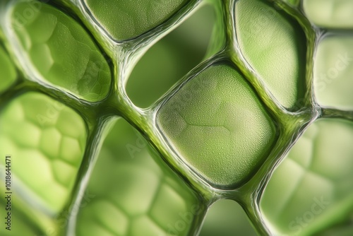 Close-up of green algae cells under microscope, intricate cellular structure, vivid details of cell walls and chloroplasts, high magnification, scientific study