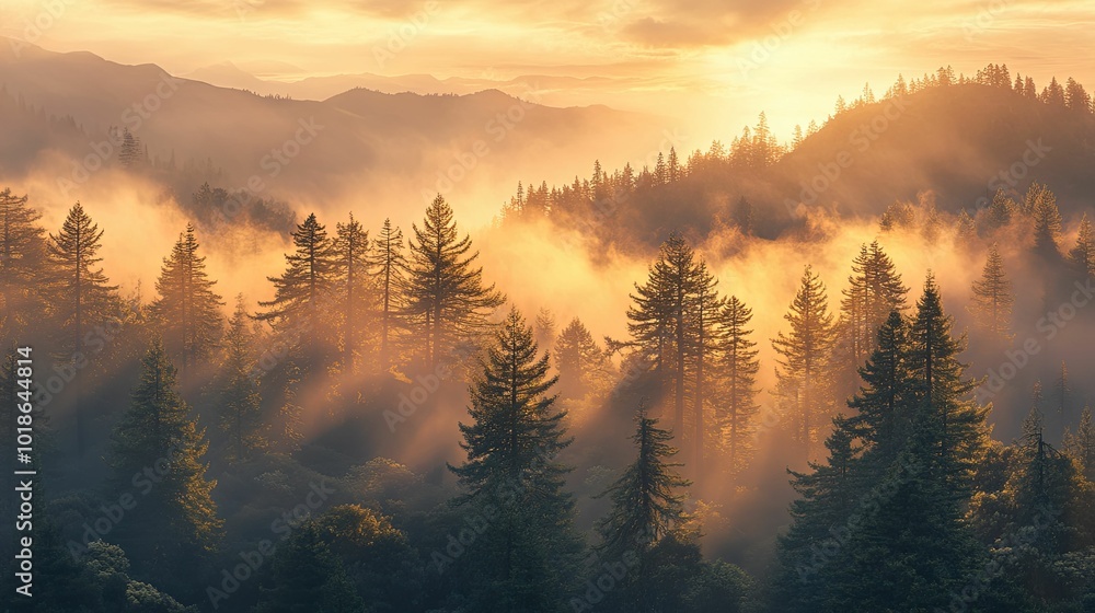 Golden Sunrise Through Fog in a Dense Evergreen Forest Golden Sunrise Through Fog in a Dense Evergreen Forest