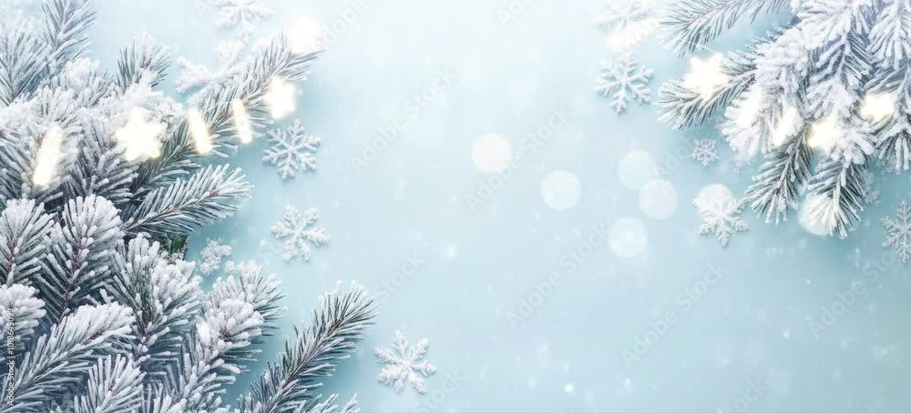 A festive winter scene featuring snowfall branches framing a soft, sky blue background. Small white lights are interwoven through the branches. animation background. A festive winter scene featuring snowfall branches framing a soft, sky blue background. Small white lights are interwoven through the branches. animation background.