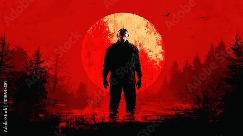 A figure in dark clothing stands ominously against a vibrant red sunset reflecting on tranquil waters in a dense forest setting