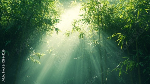 Sunlight filtering through a dense bamboo forest