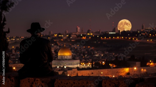 orthodox jew sitting on his back admiring israel with new moon photo