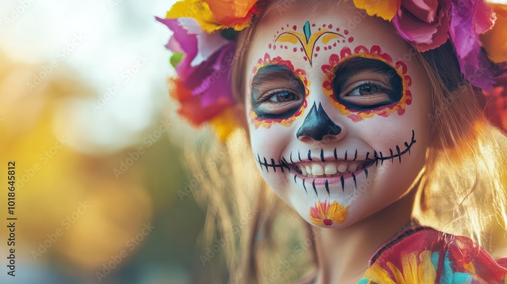 Happy child with skull face paint celebrating Day of the Dead, outdoor, wide banner, copyspace Happy child with skull face paint celebrating Day of the Dead, outdoor, wide banner, copyspace