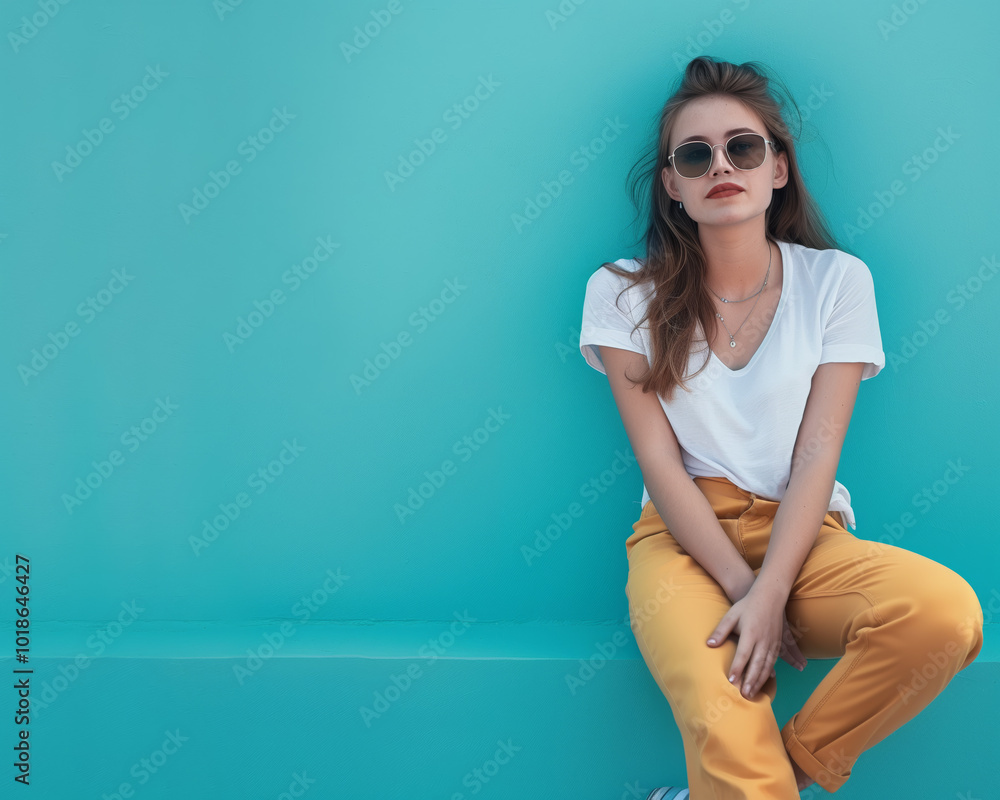 Stylish Woman in Trendy Outfit Against a Turquoise Wall - Fashion, Relaxation, Lifestyle Photography. Stylish Woman in Trendy Outfit Against a Turquoise Wall - Fashion, Relaxation, Lifestyle Photography.