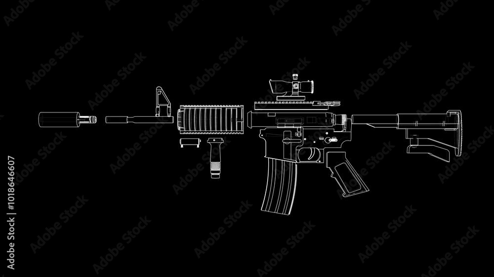 Animation of disassembling a military assault rifle. Wire-frame style Animation of disassembling a military assault rifle. Wire-frame style