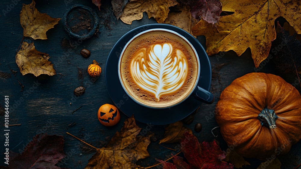 top view of Halloween themed coffee latte, halloween, pumpkin, food, isolated, autumn, orange, holiday, illustration, closeup, white, sweet, brown, chocolate, vector, healthy, coffee, cup, drink, cafe top view of Halloween themed coffee latte, halloween, pumpkin, food, isolated, autumn, orange, holiday, illustration, closeup, white, sweet, brown, chocolate, vector, healthy, coffee, cup, drink, cafe