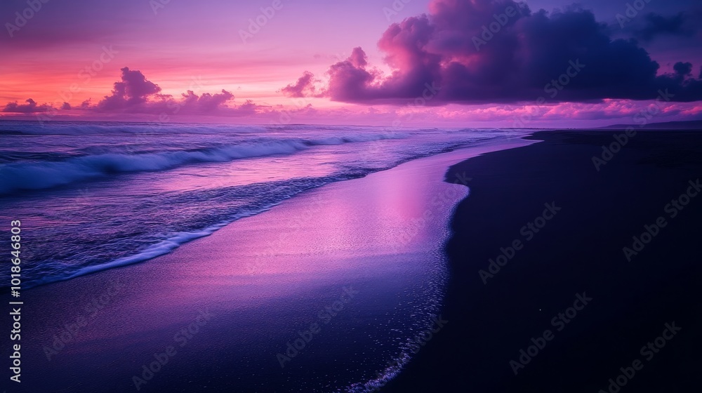 Purple Sunset Over Dark Sand Beach with Rolling Waves Purple Sunset Over Dark Sand Beach with Rolling Waves