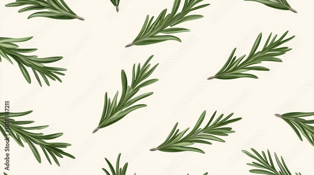Outlined rosemary sprigs in soft green, repeating evenly across a light cream background for a subtle herbal design Outlined rosemary sprigs in soft green, repeating evenly across a light cream background for a subtle herbal design