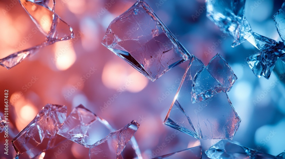 Abstract Macro Photography of Shattered Glass with Red and Blue Lighting