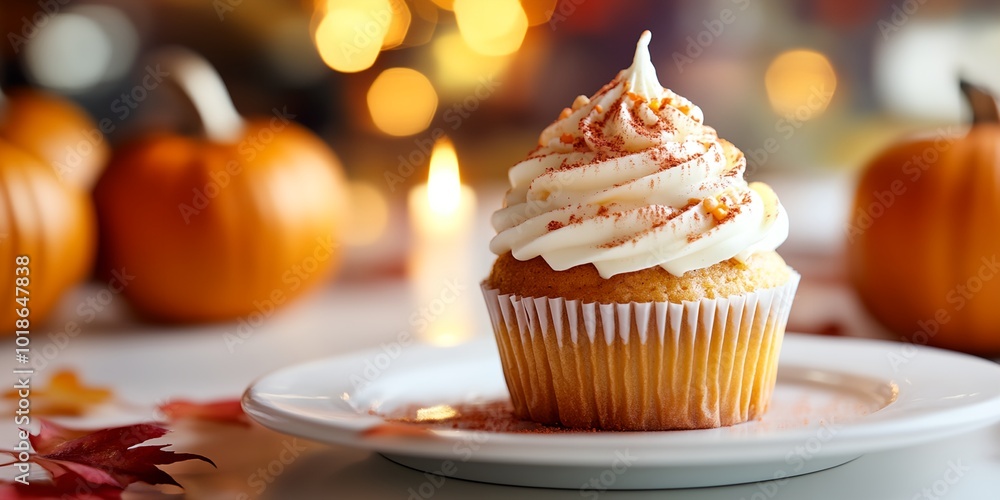 A cupcake with a frosting swirl sits on a white plate. The plate is surrounded by pumpkins, which are scattered around the plate. The scene conveys a festive and cozy atmosphere A cupcake with a frosting swirl sits on a white plate. The plate is surrounded by pumpkins, which are scattered around the plate. The scene conveys a festive and cozy atmosphere