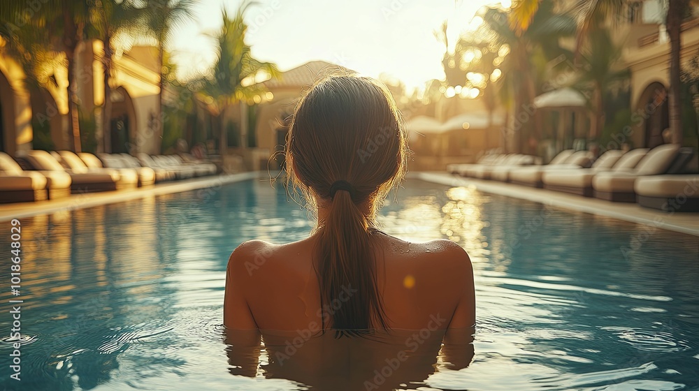 Woman in a Pool, Back View, Golden Sunset Light Woman in a Pool, Back View, Golden Sunset Light
