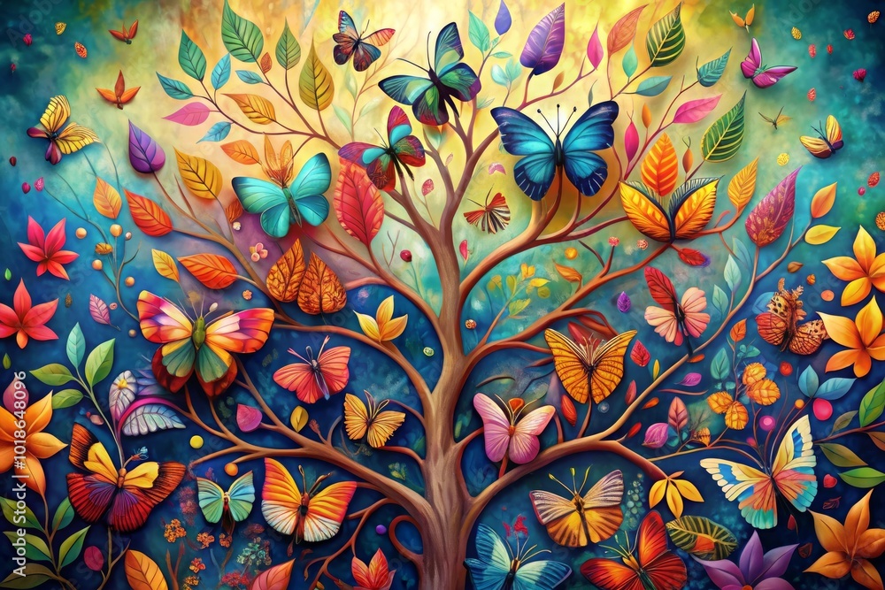 Colorful tree with vibrant leaves hanging branches illustration background 3d abstraction wallpaper for interior mural painting wall art decor Colorful tree with vibrant leaves hanging branches illustration background 3d abstraction wallpaper for interior mural painting wall art decor