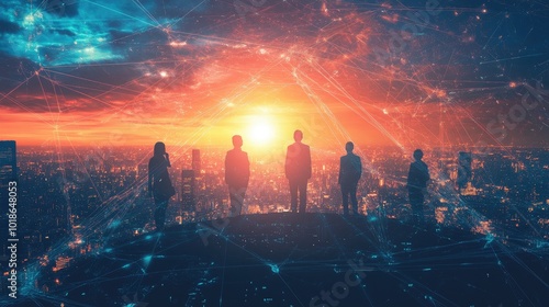 People Silhouettes Against a Futuristic City Sunset