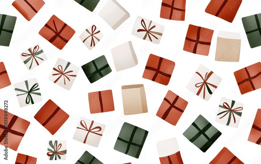Simplified gift boxes in muted red and green, scattered randomly across a white background for a playful Christmas look Simplified gift boxes in muted red and green, scattered randomly across a white background for a playful Christmas look