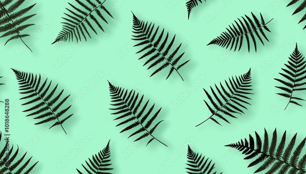 Simplified fern leaves outlined in black, gently placed on a soft mint backdrop, forming a clean and minimal pattern Simplified fern leaves outlined in black, gently placed on a soft mint backdrop, forming a clean and minimal pattern