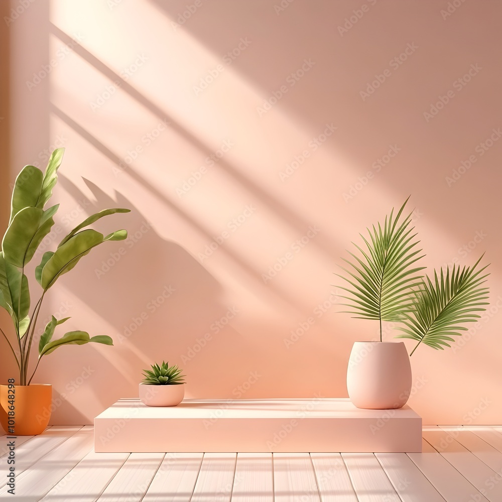 A serene 3D studio setting with a calming pastel pink backdrop a bare wood floor and a plain beige wall The product podium is gently bathed in warm shadows from the window creating a refined A serene 3D studio setting with a calming pastel pink backdrop a bare wood floor and a plain beige wall The product podium is gently bathed in warm shadows from the window creating a refined