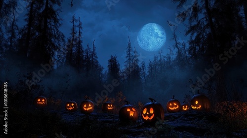 Jack oâ lanterns glowing at moonlight in front of spooky forest photo