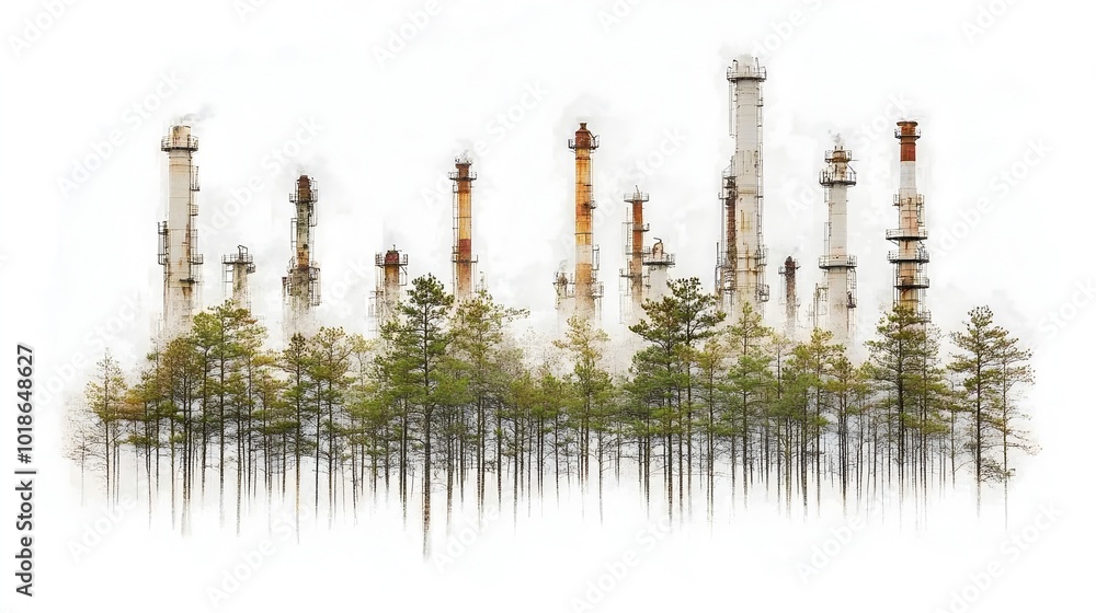Obraz premium Refinery Gas Flares and Verdant Forest Juxtaposition Conveying Contrast Between Pollution and Purity