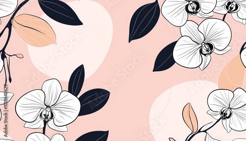 Simplified orchids outlined in black, forming a delicate, minimal pattern on a pale pastel pink background photo