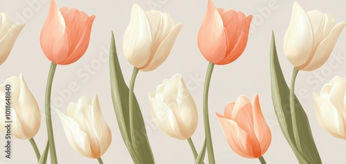 Single-color tulip sketches in shades of blush pink and cream, arranged in a repeating vertical pattern on a soft grey backdrop