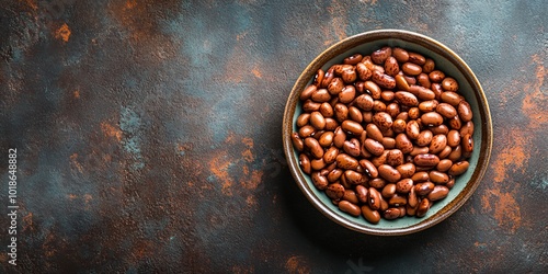 A bowl of beans is on a dark surface. The beans are scattered and appear to be of different sizes