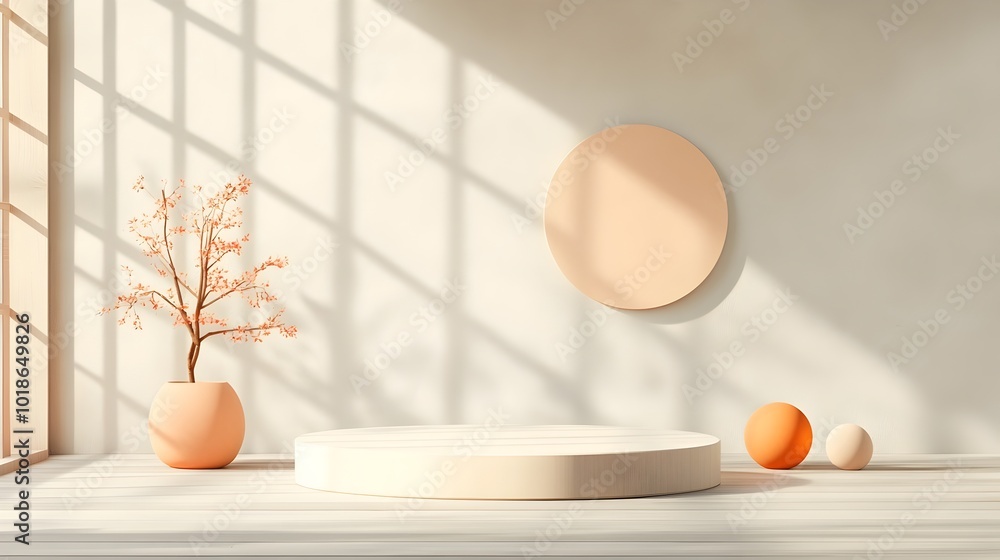 Fototapeta premium Empty 3D studio room with neutral beige background wood floor and light gray wall Product podium with shadow overlay from window light Mockup featuring a clean diffused sunlit interior design scene