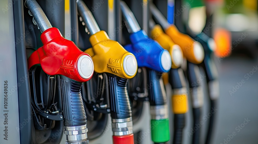 A close-up of fuel pump nozzles at a gas station, with vibrant colors indicating different fuel types, capturing the essence of modern fueling options. A close-up of fuel pump nozzles at a gas station, with vibrant colors indicating different fuel types, capturing the essence of modern fueling options.