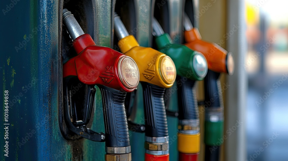 A close-up of fuel pump nozzles at a gas station, with vibrant colors indicating different fuel types, capturing the essence of modern fueling options. A close-up of fuel pump nozzles at a gas station, with vibrant colors indicating different fuel types, capturing the essence of modern fueling options.