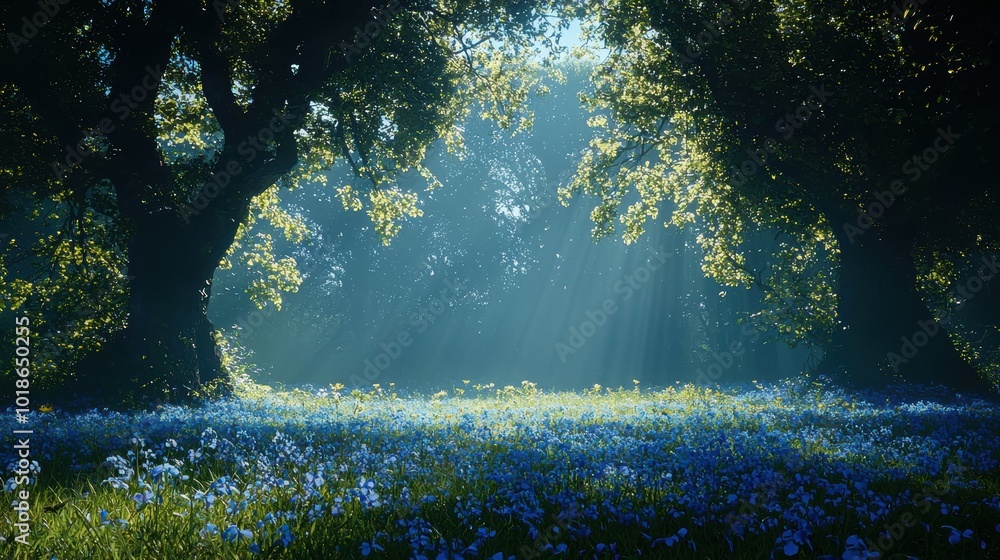 Fototapeta premium Sunlight filters through ancient trees in a serene forest meadow filled with blue flowers during the early morning hours