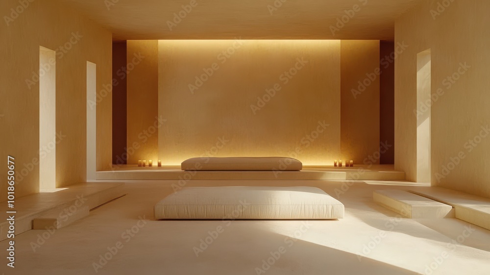 Minimalist interior design with warm lighting and neutral tones in a spacious room. Minimalist interior design with warm lighting and neutral tones in a spacious room.