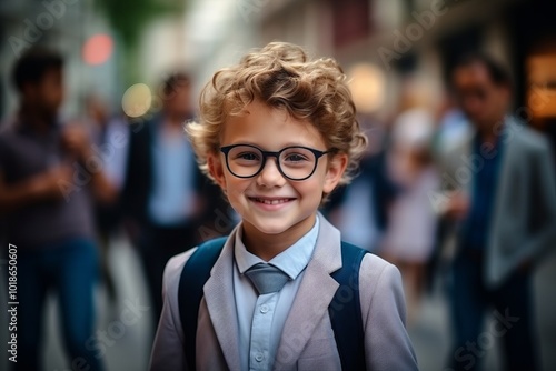 Portrait of a smiling schoolboy wearing glasses and going to school