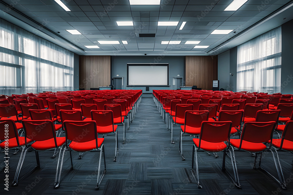 Naklejka premium Empty Conference Hall with Rows of red Chairs, Capturing the Calm Before a Busy Meeting or Presentation