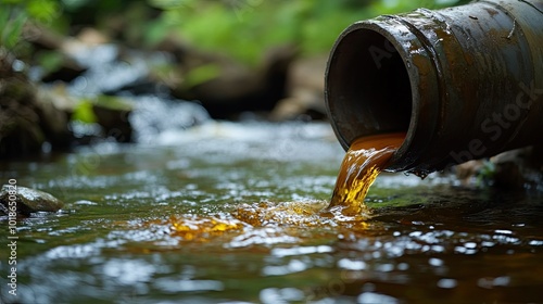 A close-up of oily water streaming from a pipe into a river, with visible pollutants, capturing the direct release of contaminants into nature. photo