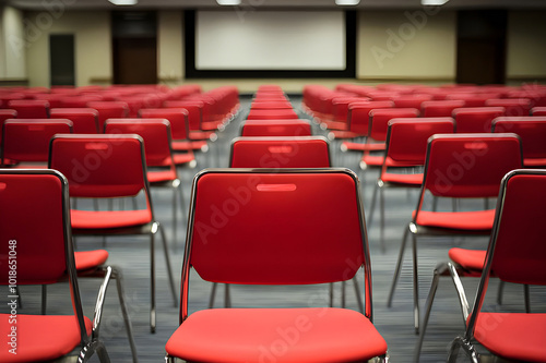 Empty Conference Hall with Rows of red Chairs, Capturing the Calm Before a Busy Meeting or Presentation