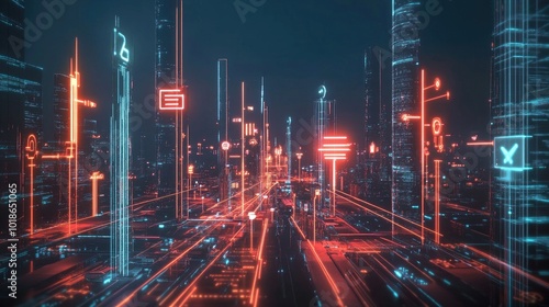 Futuristic cityscape with glowing neon lines