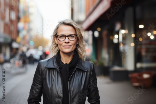 Portrait of a beautiful middle-aged woman in black leather jacket and eyeglasses on the street.