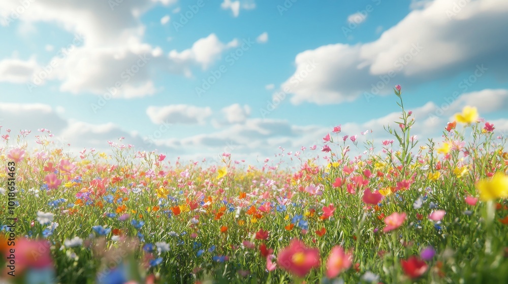 A Vibrant Wildflower Meadow Under a Blue Sky with Fluffy Clouds A Vibrant Wildflower Meadow Under a Blue Sky with Fluffy Clouds
