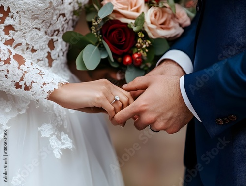 A bride and groom are getting married and the bride is wearing a white dress