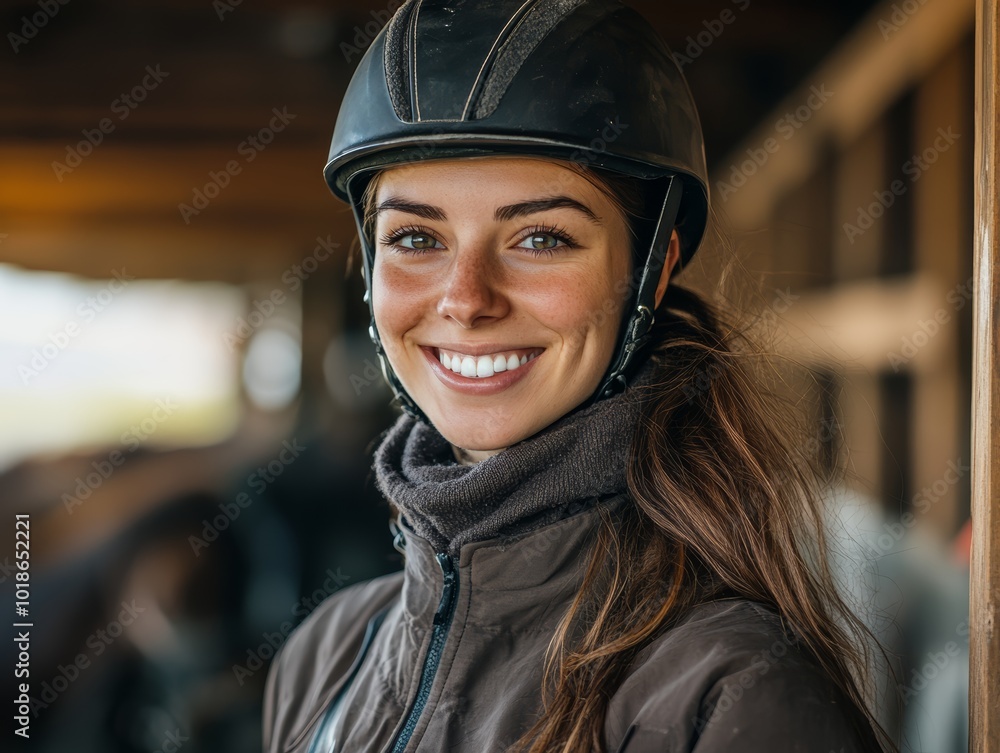 Smiling young woman in a riding helmet, showcasing equestrian passion and confidence. Smiling young woman in a riding helmet, showcasing equestrian passion and confidence.