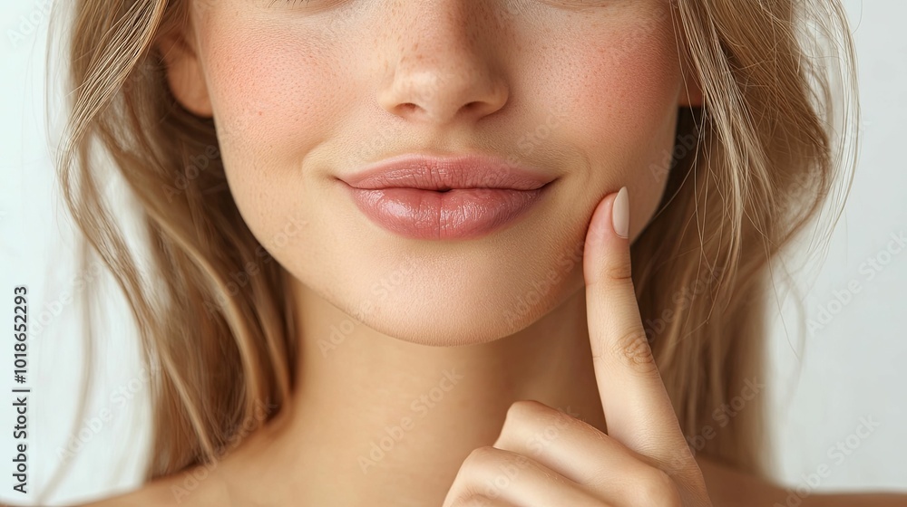 Close-up of a Woman's Face with Freckles and a Finger on Her Cheek Close-up of a Woman's Face with Freckles and a Finger on Her Cheek