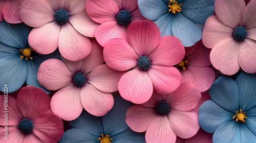 Wallpaper Mural Colorful arrangement of pink and blue flowers with yellow centers set against a light background, creating a vibrant floral display Torontodigital.ca