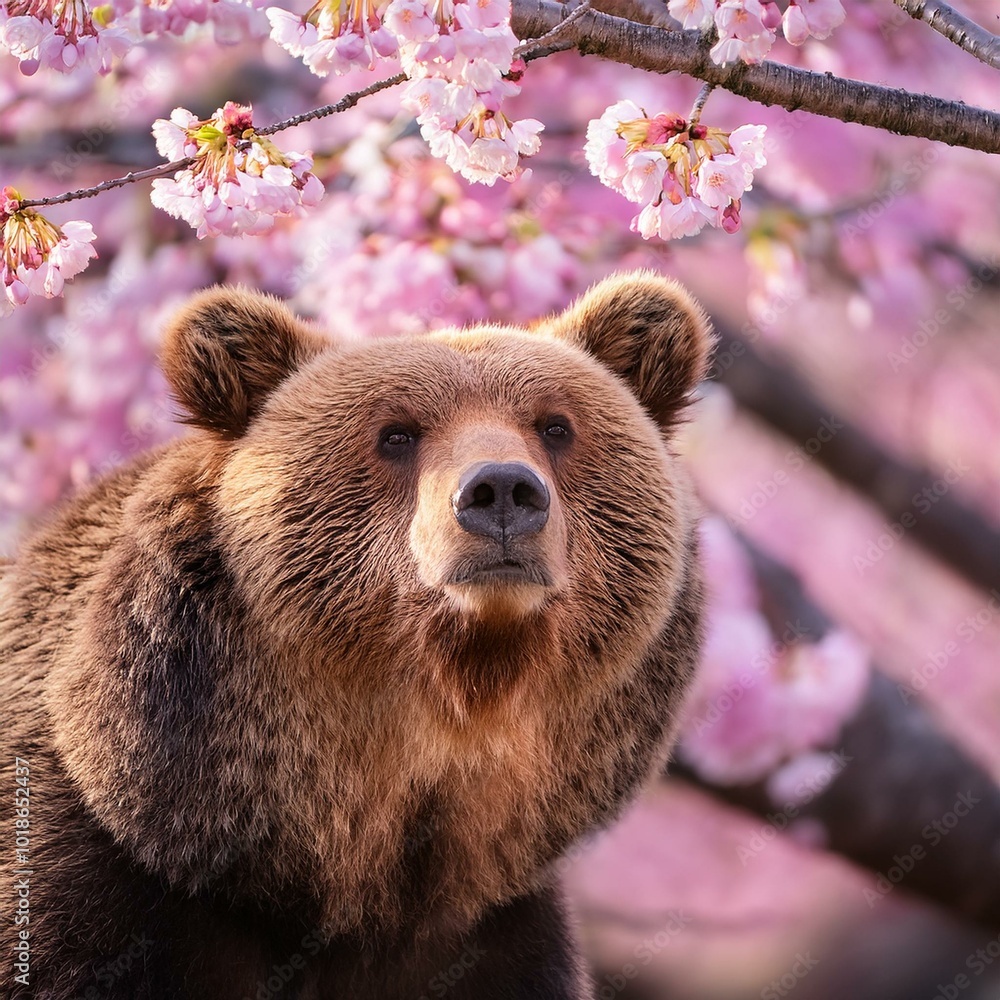 Obraz premium 春の桜が満開の中、クマがその花の下を歩いている。クマの茶色い毛と、桜のピンク色の花びらのコントラストが美しく、桜吹雪の中で気付かずに花の香りを楽しんでいる」な一瞬