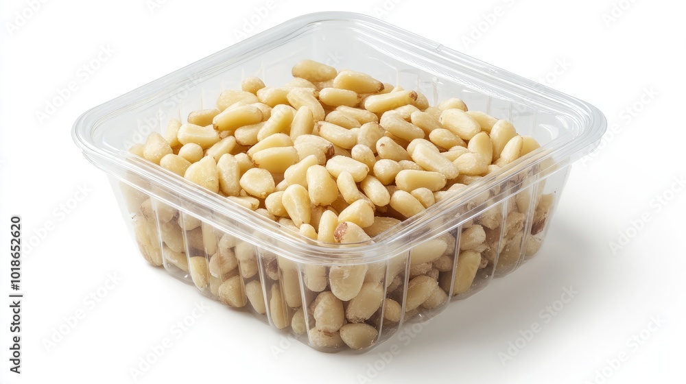 A clear plastic container of premium pine nuts, isolated on a white background, emphasizing the clean, resealable packaging design. A clear plastic container of premium pine nuts, isolated on a white background, emphasizing the clean, resealable packaging design.