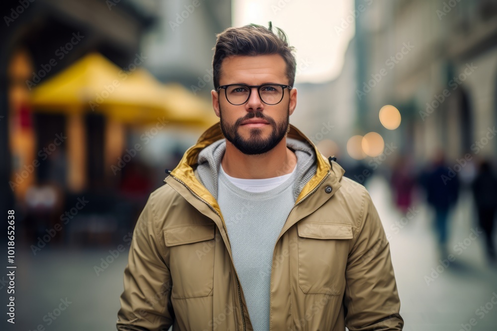 Handsome young man in casual clothes and eyeglasses is standing on the street. Handsome young man in casual clothes and eyeglasses is standing on the street.