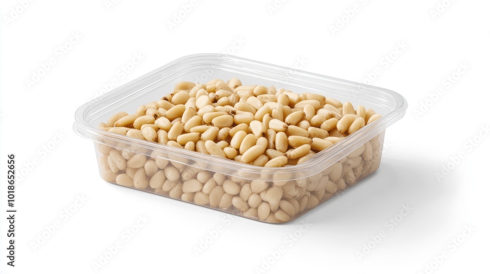 A clear plastic container of premium pine nuts, isolated on a white background, emphasizing the clean, resealable packaging design. A clear plastic container of premium pine nuts, isolated on a white background, emphasizing the clean, resealable packaging design.