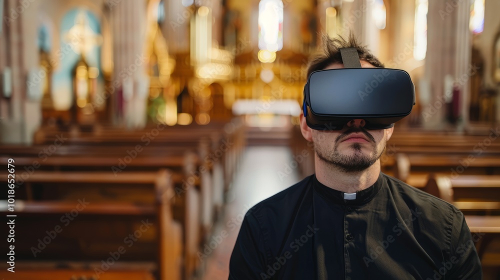 A man wearing a black vest stands in a church with his head down A man wearing a black vest stands in a church with his head down