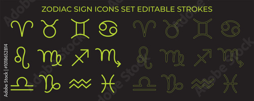 Astrology Zodiac Sign Set with Editable Strokes - Vector Icons, Symbols, Rashifal, and Jyotish