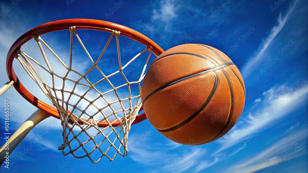 Basketball ball flying into hoop against blue sky background Basketball ball flying into hoop against blue sky background