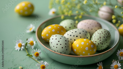 Brightly colored Easter eggs arranged on a pale green background 